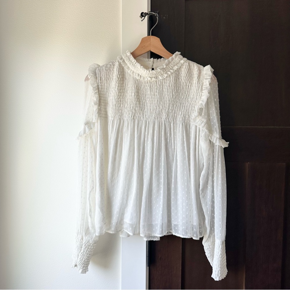 Zara White Ruffled Swiss-Dot Smocked Long-Sleeve Blouse